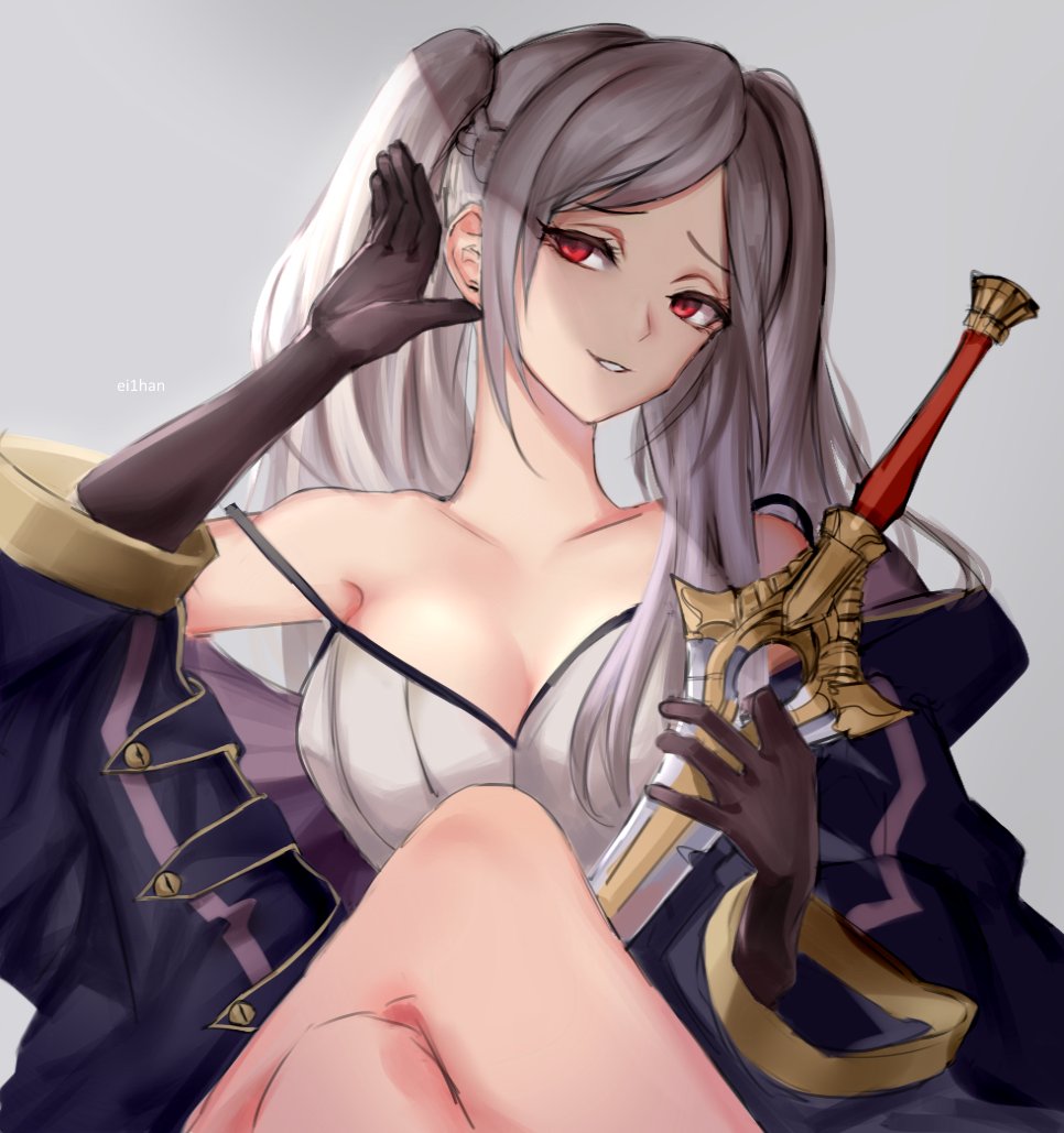 1girl braid breasts cleavage coat ei1han falchion_(fire_emblem) female_my_unit_(fire_emblem:_kakusei) fire_emblem fire_emblem:_kakusei gloves hand_on_ear legs_crossed long_hair my_unit_(fire_emblem:_kakusei) red_eyes simple_background smirk strap strap_slip sword twintails weapon white_hair