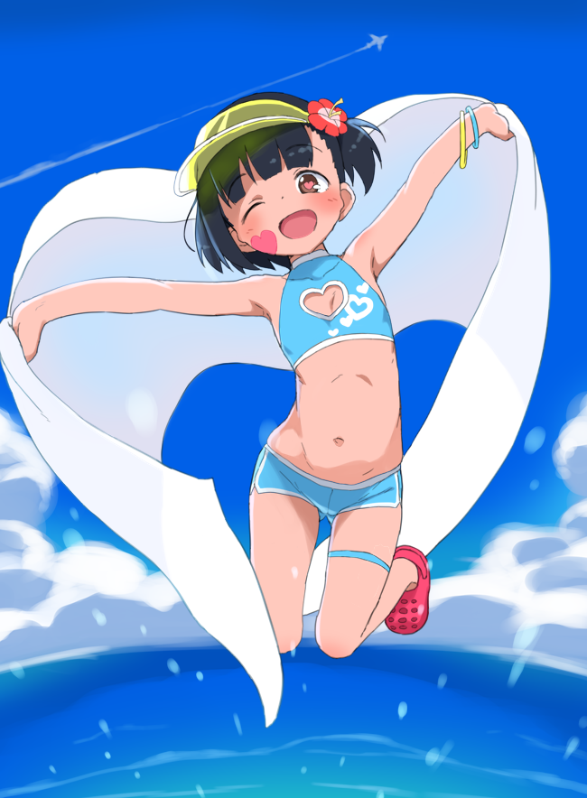 1girl ;d aircraft airplane bangs bikini black_hair blue_bikini blue_sky blunt_bangs blush bracelet brown_eyes bubukka cleavage_cutout clouds commentary_request day eyebrows_visible_through_hair facial_tattoo flat_chest flower hair_flower hair_ornament heart heart-shaped_pupils heart_cutout heart_tattoo jewelry jumping leg_garter looking_at_viewer navel one_eye_closed open_mouth original outstretched_arms short_hair side_ponytail sky smile solo swimsuit symbol-shaped_pupils tachibana_momoka tattoo visor_cap