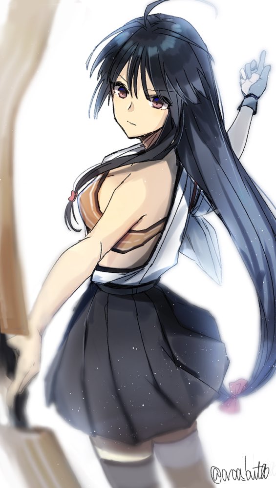 1girl ahoge bandeau bare_shoulders black_hair black_skirt bow_(weapon) brown_eyes eyebrows_visible_through_hair from_side gloves hadanugi_dousa hair_ribbon holding holding_bow_(weapon) holding_weapon japanese_clothes kantai_collection long_hair low-tied_long_hair partly_fingerless_gloves pleated_skirt red_ribbon ribbon shouhou_(kantai_collection) simple_background skirt solo thigh-highs twitter_username weapon white_background white_gloves yamashiki_(orca_buteo) yugake