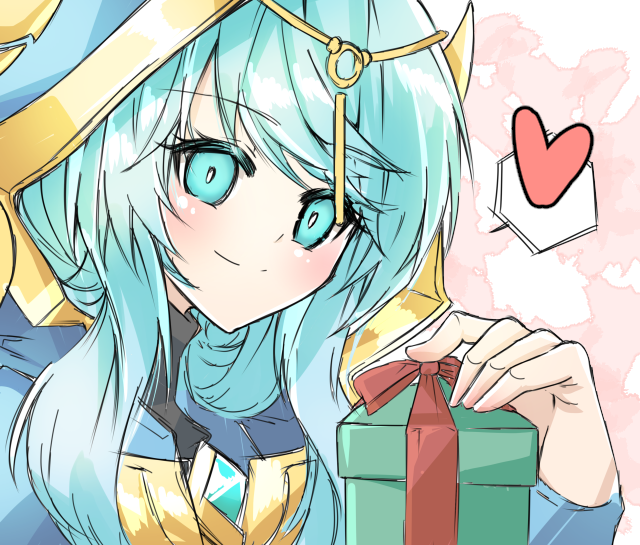 1girl aqua_eyes aqua_hair box closed_mouth elsword gem gift gift_box heart hood priestess sasha_(elsword) short_hair simple_background sketch smile soo_(vyve2555)