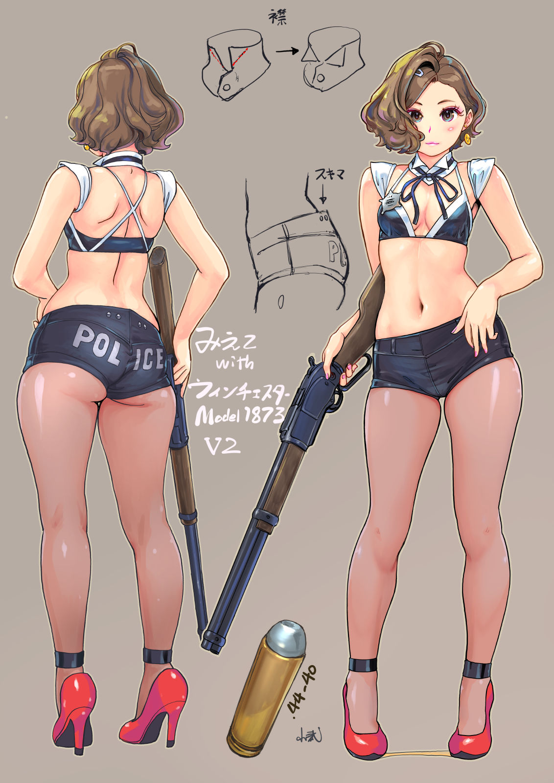 .44-40 1girl :3 artist_name ass asymmetrical_hair badge bangs bikini_top black_bikini_top black_neckwear black_shorts blush breasts brown_eyes brown_hair bullet carina_(xiaowoo) cartridge character_name cleavage closed_mouth clothes_writing commentary_request contrapposto detached_collar detached_sleeves directional_arrow earrings english from_behind full_body grey_background gun hair_intakes hair_ornament hairclip hand_on_hip high_heels highres hips holding holding_gun holding_weapon japanese_text jewelry kishi_mieko legs legs_apart light_smile lipstick looking_at_viewer makeup midriff multiple_views nail_polish navel neck_ribbon onna_shunin_kishi_mieko outline pantyhose pigeon-toed pink_lipstick pink_nails police_badge red_footwear ribbon rifle sheer_legwear sheriff_badge shoes short_hair short_shorts shorts signature simple_background single_hair_intake small_breasts smile solo standing swept_bangs thighs translated wavy_hair weapon winchester_model_1873