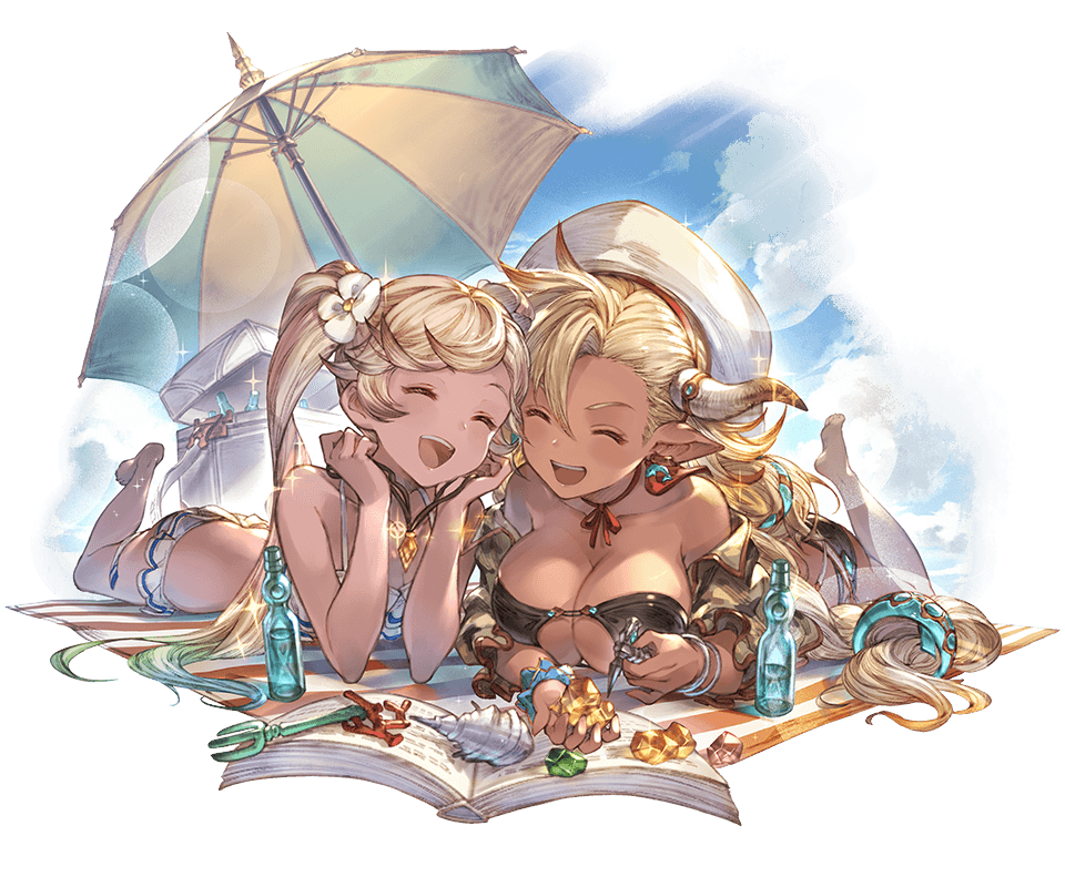 2girls almeida_(granblue_fantasy) alpha_transparency bangs barefoot beach_umbrella bikini black_bikini blonde_hair blush book bottle bracelet breasts choker cleavage clouds collarbone cooler crystal dark_skin day dolphin_earrings draph earrings flower full_body gradient_hair granblue_fantasy hair_between_eyes hair_flower hair_ornament hat horns io_euclase jewelry large_breasts long_hair lying minaba_hideo multicolored_hair multiple_girls necklace official_art on_stomach open_mouth outdoors pointy_ears red_ribbon ribbon ribbon_choker seashell shell sky smile swimsuit transparent_background twintails umbrella very_long_hair white_hat