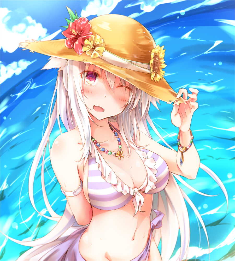 1girl ;d bangs bare_shoulders bikini blue_sky blush bracelet clouds commentary_request day eyebrows_visible_through_hair fang flower front-tie_bikini front-tie_top hair_between_eyes hand_on_headwear hand_up hat hat_flower head_tilt horizon jewelry long_hair looking_at_viewer navel necklace ocean one_eye_closed open_mouth original outdoors purple_sarong red_eyes red_flower rinrin_(927413) sarong silver_hair sky smile solo straw_hat striped striped_bikini swimsuit very_long_hair water yellow_flower