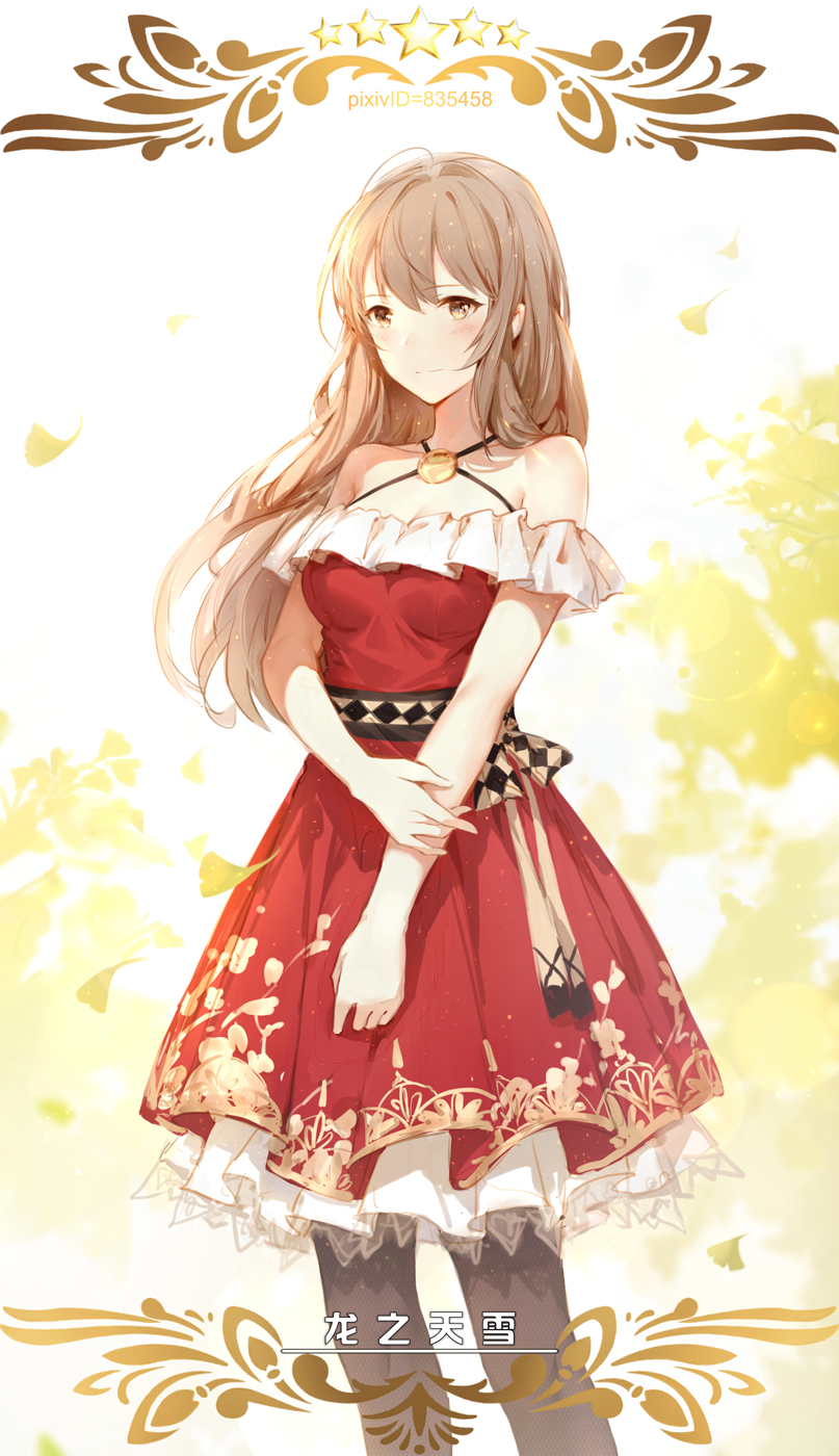 1girl black_legwear blush breasts brown_eyes brown_hair card_(medium) cleavage collarbone dress floating_hair halterneck highres layered_dress long_hair medium_breasts original red_dress sleeveless sleeveless_dress solo standing yijian_ma