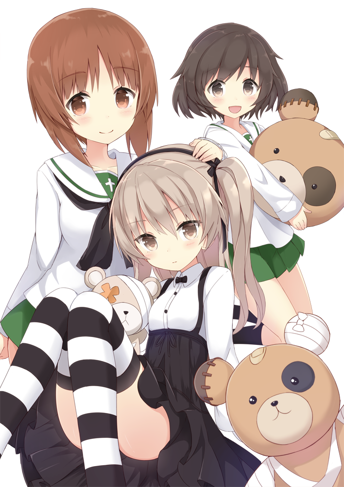 1girl :| akiyama_yukari animal_costume bandage bangs bear_costume black_legwear black_neckwear black_ribbon black_skirt blouse boko_(girls_und_panzer) bow bowtie brown_eyes brown_hair casual closed_mouth collared_shirt commentary eyebrows_visible_through_hair girls_und_panzer green_skirt hair_ribbon hand_on_another's_head high-waist_skirt holding holding_stuffed_animal kneeling layered_skirt light_brown_eyes light_brown_hair long_hair long_sleeves looking_at_viewer medium_skirt messy_hair miniskirt neckerchief nishizumi_miho ooarai_school_uniform open_mouth pleated_skirt ribbon school_uniform serafuku shimada_arisu shirt short_hair shuuichi_(gothics) side_ponytail simple_background sitting skirt smile socks solo striped striped_legwear stuffed_animal stuffed_toy suspender_skirt suspenders teddy_bear thigh-highs white_background white_blouse white_shirt