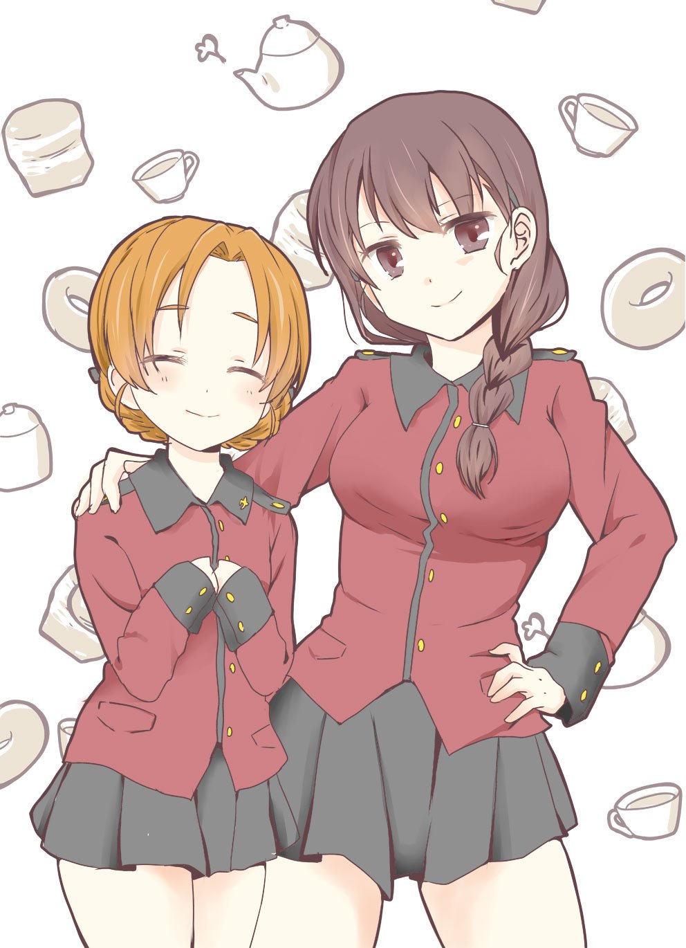 2girls bangs black_ribbon black_skirt braid brown_eyes brown_hair closed_eyes closed_mouth commentary cowboy_shot crazymonkey0500 cup doughnut epaulettes eyebrows_visible_through_hair food girls_und_panzer hair_over_shoulder hair_ribbon hair_tie hand_on_another's_shoulder hand_on_hip hands_on_own_chest head_tilt highres jacket long_hair long_sleeves looking_at_viewer military military_uniform miniskirt multiple_girls orange_pekoe pleated_skirt red_jacket ribbon rukuriri short_hair single_braid skirt smile st._gloriana's_military_uniform standing teacup tied_hair twin_braids uniform white_background