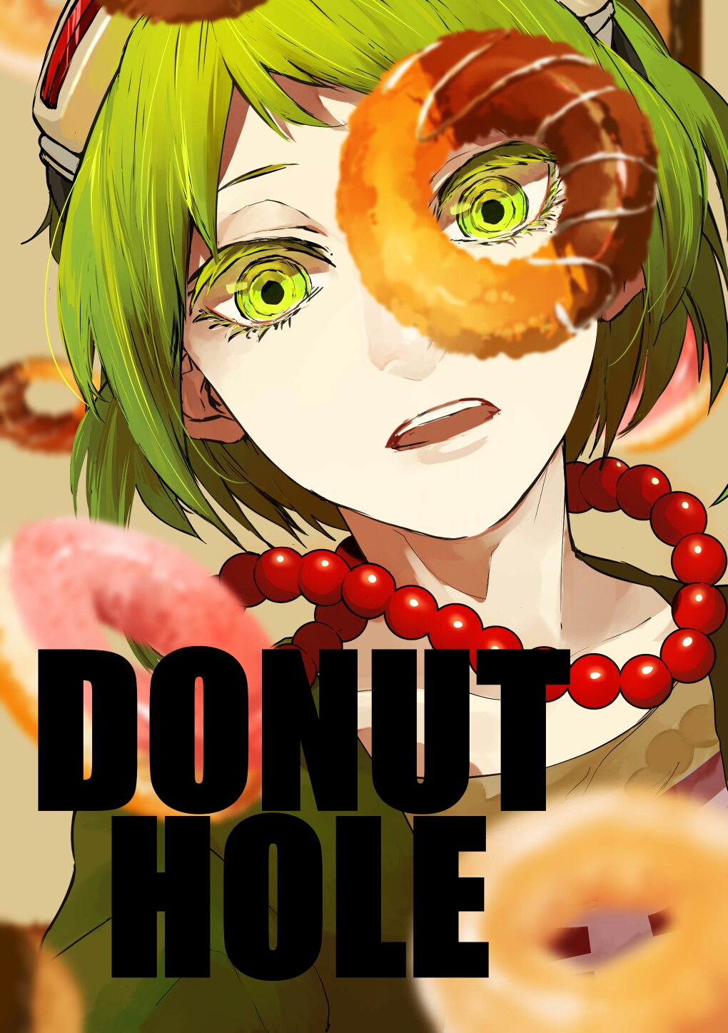 1girl blurry close-up commentary copyright_name depth_of_field dessert donut_hole_(vocaloid) doughnut english_commentary face food goggles goggles_on_head green_eyes green_hair grey_background gumi hasuhasuhasu0127 highres jewelry looking_at_viewer necklace open_mouth pearl_necklace red_neckwear short_hair simple_background solo_focus teeth upper_body vocaloid