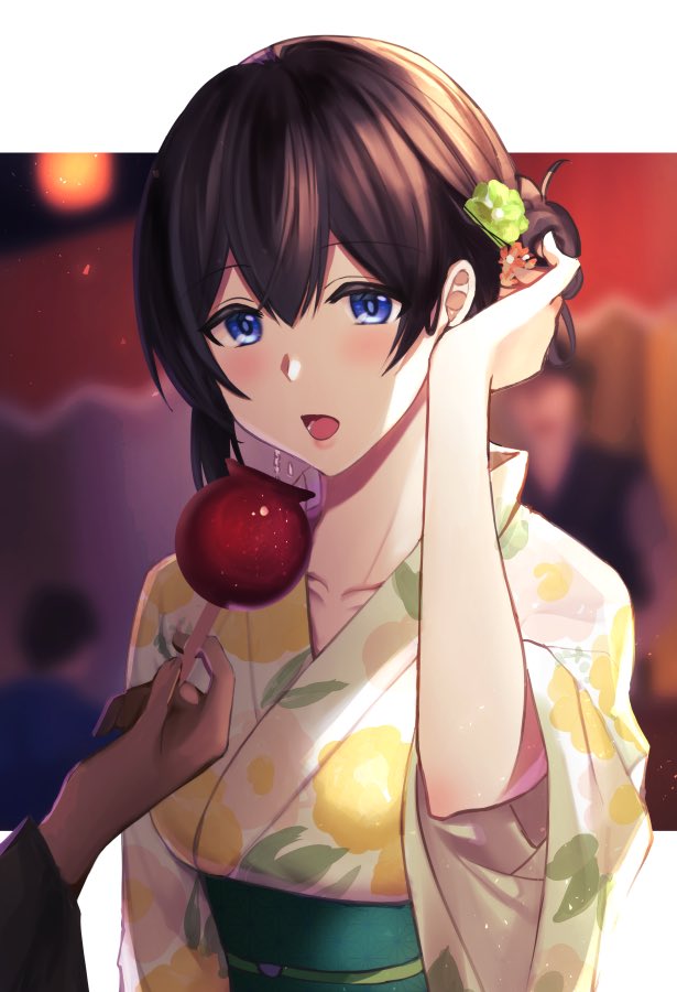 1girl bangs black_hair blue_eyes blush breasts candy_apple collarbone feeding floral_print food haikimono_shounen hair_between_eyes idolmaster idolmaster_cinderella_girls idolmaster_cinderella_girls_starlight_stage japanese_clothes kimono long_hair looking_at_viewer obi open_mouth sagisawa_fumika sash solo_focus tied_hair white_kimono wide_sleeves