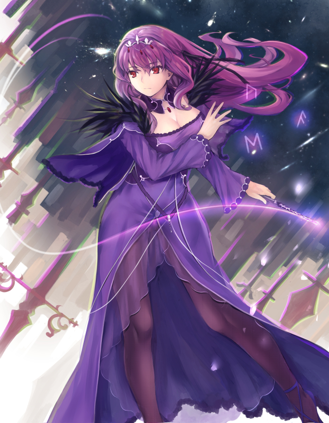 1girl bk201 breasts brown_legwear choker cleavage diadem dress eyebrows_visible_through_hair fate/grand_order fate_(series) floating_hair hair_between_eyes hand_holding jewelry large_breasts long_dress long_hair necklace pantyhose purple_capelet purple_dress purple_hair red_eyes runes scathach_(fate)_(all) scathach_skadi_(fate/grand_order) see-through solo standing very_long_hair