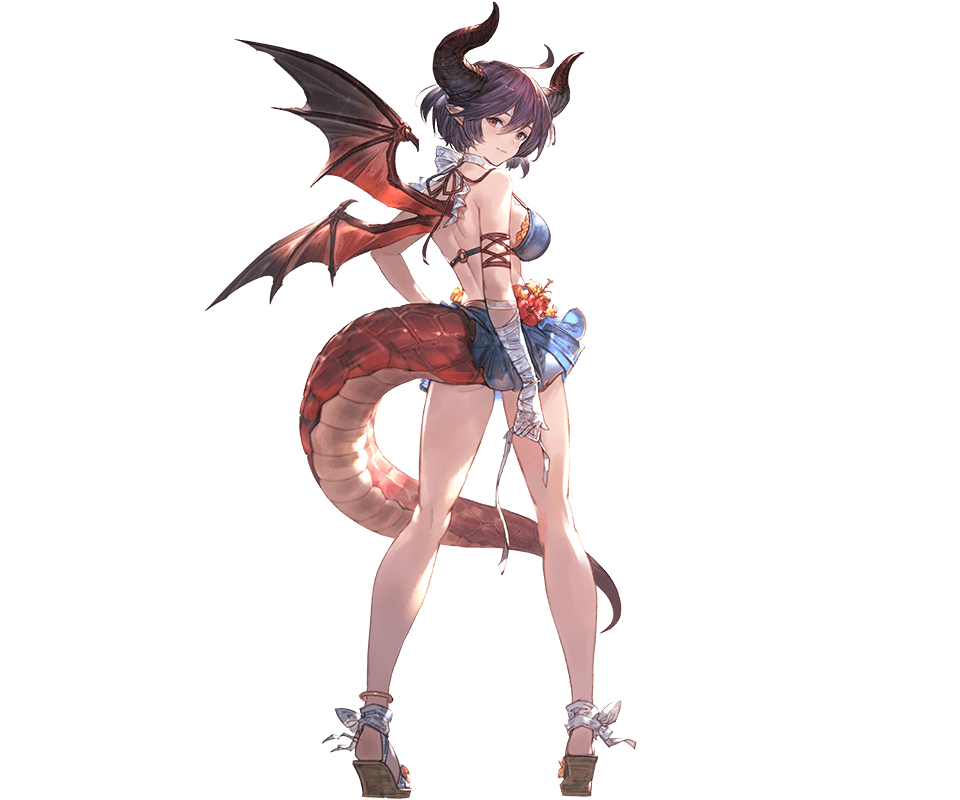 1girl ahoge alpha_transparency ass bandage bandaged_arm bandages bare_shoulders bikini bikini_skirt blue_bikini blush breasts dragon_girl dragon_horns dragon_tail dragon_wings full_body granblue_fantasy grea_(shingeki_no_bahamut) hair_between_eyes horns large_breasts looking_at_viewer looking_back minaba_hideo official_art pointy_ears purple_hair red_eyes sandals short_hair smile solo standing standing_on_one_leg swimsuit tail transparent_background wings