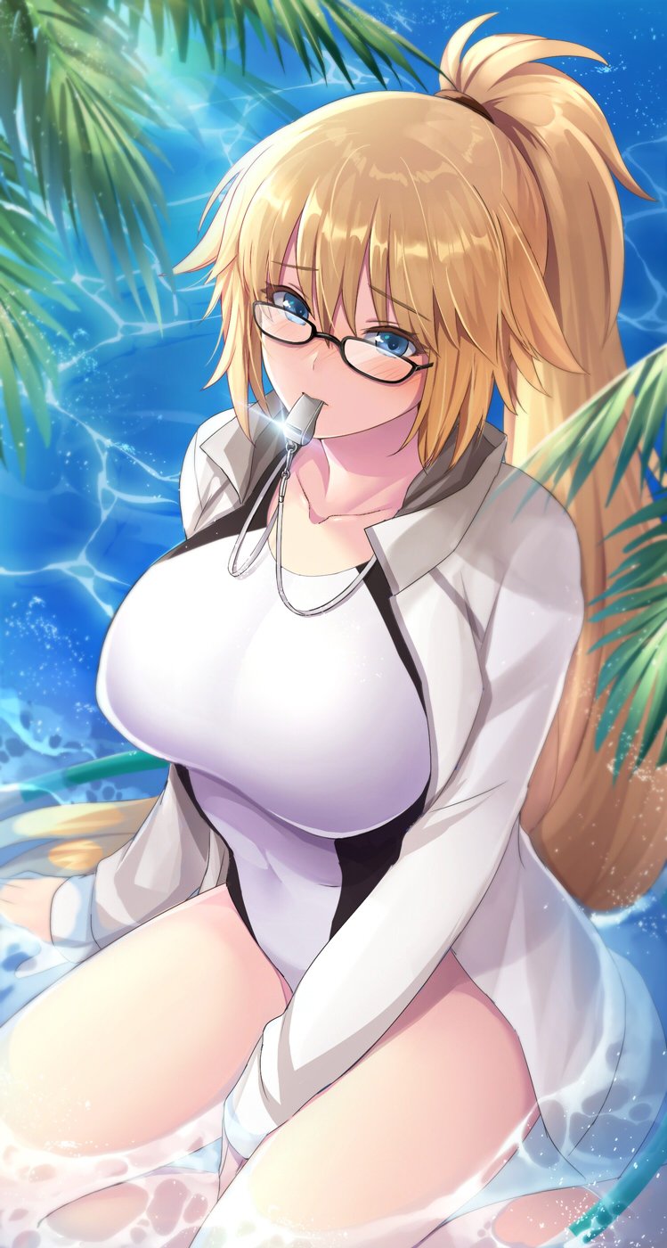 1girl blonde_hair blue_eyes blush bow breasts cleavage commentary competition_swimsuit covered_navel eyebrows_visible_through_hair fate/grand_order fate_(series) from_above hair_between_eyes hair_bow hairband high_ponytail highleg highleg_swimsuit highres jacket jeanne_d'arc_(fate)_(all) jeanne_d'arc_(swimsuit_archer) large_breasts lips long_hair looking_at_viewer mouth_hold one-piece_swimsuit open_clothes open_jacket palm_leaf pantsu_majirou ponytail sand shore sitting solo swimsuit thighs very_long_hair water wet wet_hair whistle white_jacket