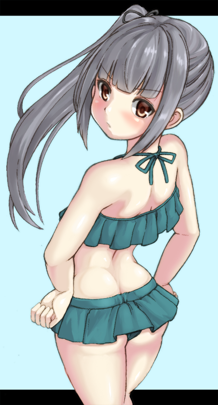 1girl adapted_costume ass back bare_shoulders bikini blue_background blush brown_eyes closed_mouth eyebrows_visible_through_hair graphite_(medium) green_bikini grey_hair kantai_collection kasumi_(kantai_collection) kurogane_daichi long_hair looking_at_viewer looking_back mechanical_pencil pencil pout side_ponytail simple_background solo standing swimsuit traditional_media