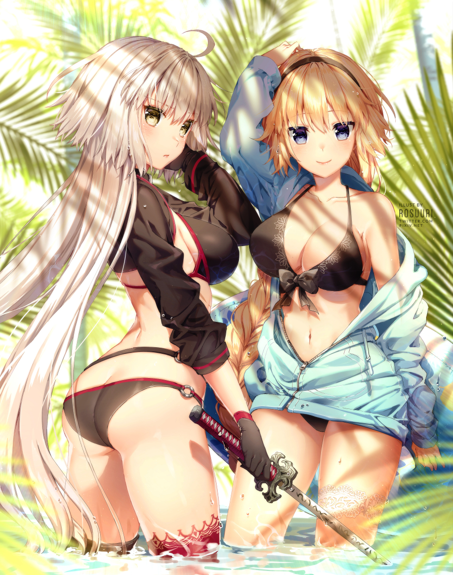 1girl 2girls ahoge arched_back artist_name ass bangs bikini black_bikini black_gloves black_jacket blonde_hair blue_eyes blue_sky blush breasts choker cleavage closed_mouth collarbone commentary_request day eyebrows_visible_through_hair fate/grand_order fate_(series) female_ass from_behind front-tie_top gloves hair_between_eyes hairband holding holding_sword holding_weapon jacket jeanne_d'arc_(alter_swimsuit_berserker) jeanne_d'arc_(fate)_(all) jeanne_d'arc_(swimsuit_archer) katana large_breasts long_braid long_hair looking_at_viewer midriff multiple_girls navel o-ring open_clothes open_mouth outdoors palm_tree rosuuri shiny shiny_skin single_bare_shoulder sky standing sunlight swimsuit sword thighs tree unzipped very_long_hair wading water weapon yellow_eyes