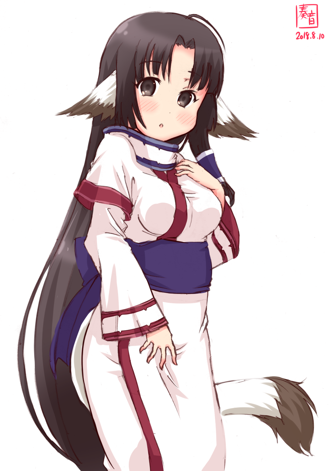 1girl ahoge ainu_clothes animal_ears artist_logo black_hair brown_eyes commentary_request cosplay cowboy_shot dated dog_ears dog_tail eruruw eruruw_(cosplay) highres kanon_(kurogane_knights) kantai_collection long_hair long_sleeves looking_at_viewer shouhou_(kantai_collection) simple_background solo tail trait_connection utawareru_mono white_background