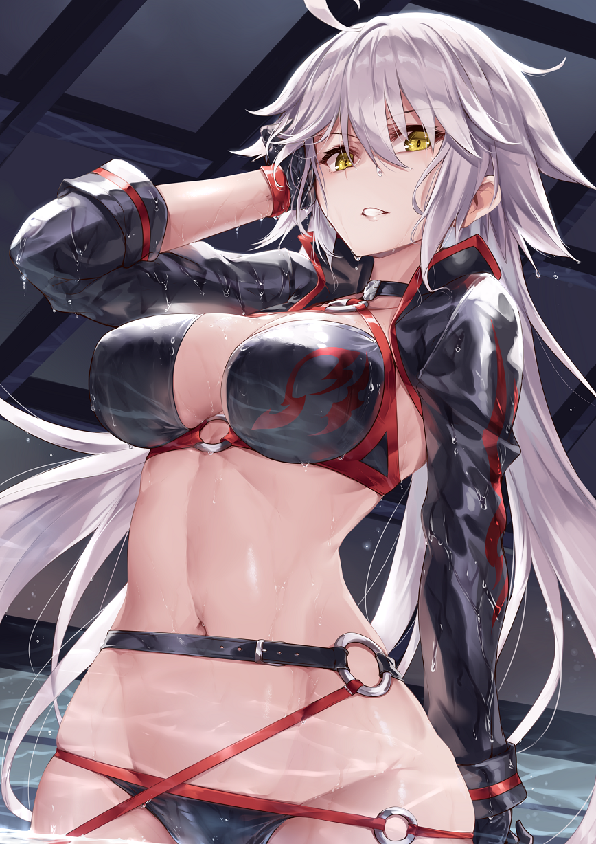 1girl ahoge bangs bikini black_bikini black_gloves breasts choker cleavage collarbone commentary_request detached_sleeves eyebrows_visible_through_hair fate/grand_order fate_(series) gloves highres indoors jeanne_d'arc_(alter)_(fate) jeanne_d'arc_(alter_swimsuit_berserker) jeanne_d'arc_(fate)_(all) ks large_breasts long_sleeves looking_at_viewer navel silver_hair smile solo standing swimsuit wading water wet yellow_eyes