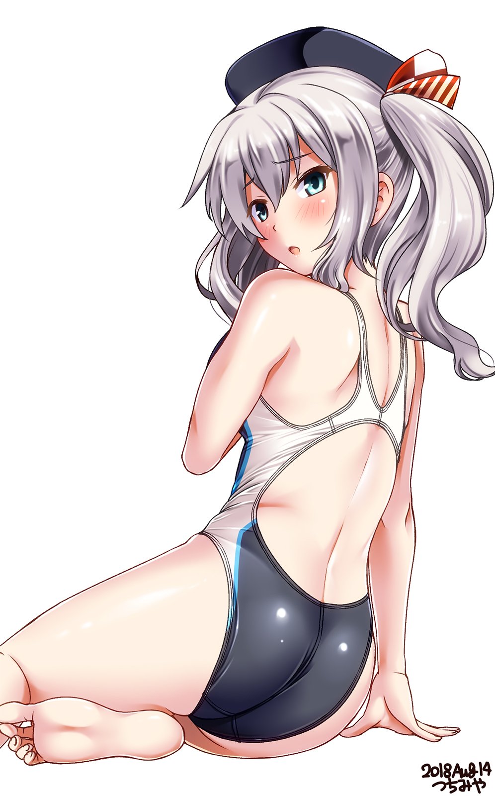 1girl artist_name ass back beret blue_eyes blush breasts competition_swimsuit covering covering_breasts dated epaulettes eyebrows_visible_through_hair hat highres kantai_collection kashima_(kantai_collection) long_hair looking_at_viewer looking_back medium_breasts one-piece_swimsuit open_mouth silver_hair simple_background sitting solo swimsuit tsuchimiya twintails wavy_hair