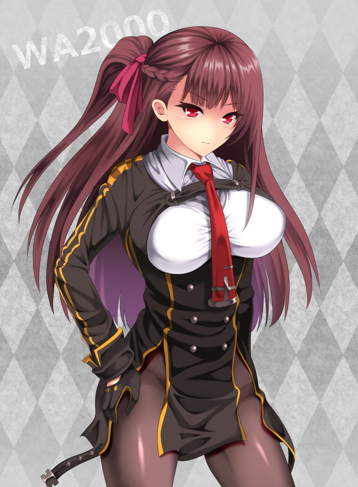 1girl bangs black_legwear black_skirt blazer blush braid breasts character_name checkered checkered_background closed_mouth collared_shirt cowboy_shot eyebrows_visible_through_hair framed_breasts french_braid girls_frontline gloves groin hair_ribbon half_updo hand_on_hip high-waist_skirt jacket large_breasts long_hair long_sleeves looking_at_viewer necktie one_side_up open_mouth pantyhose pelvic_curtain purple_hair red_eyes red_neckwear red_ribbon ribbon shirt sidelocks skirt solo strap sushi_no_kokoro very_long_hair wa2000_(girls_frontline)