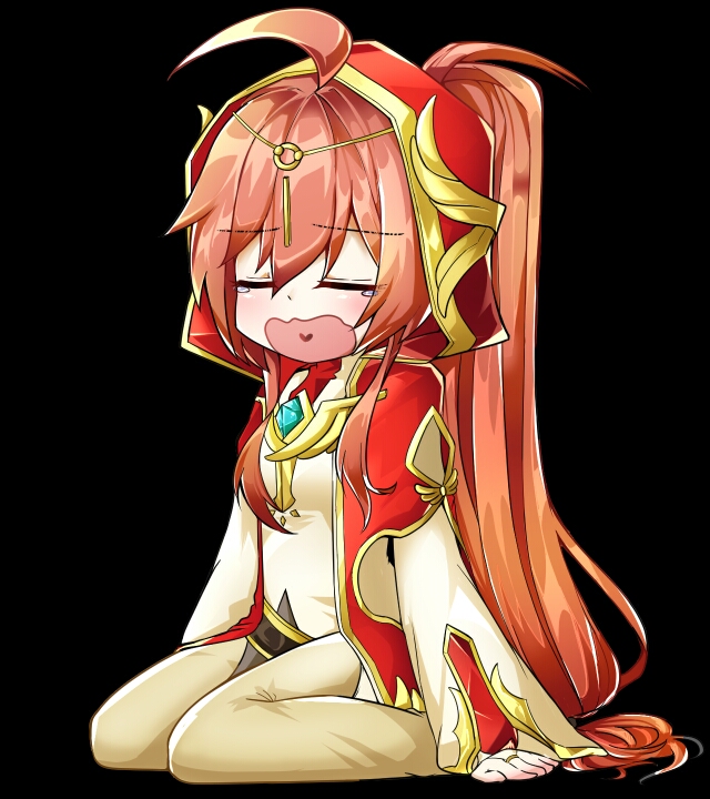 1girl ahoge cloak elsword eyebrows_visible_through_hair hair_between_eyes hood ignia_(elsword) long_hair orange_hair ponytail priestess sitting soo_(vyve2555) symbol yawning