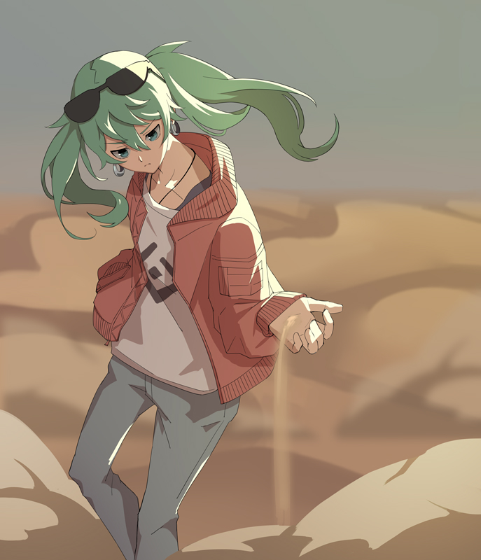 1girl aqua_eyes aqua_hair cowboy_shot denim desert earrings expressionless eyewear_on_head hatsune_miku jacket jeans jewelry long_sleeves looking_down outstretched_hand pants red_jacket sand shino_(pixiv) shirt solo_focus storm suna_no_wakusei_(vocaloid) sunglasses twintails upper_body vocaloid white_shirt