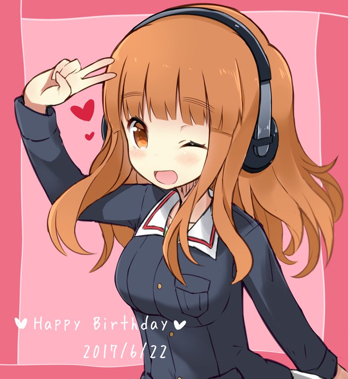 1girl ;d arm_behind_back bangs blue_jacket commentary dated english eyebrows_visible_through_hair girls_und_panzer happy_birthday headphones heart jacket long_hair long_sleeves looking_at_viewer military military_uniform one_eye_closed ooarai_military_uniform open_mouth orange_eyes orange_hair salute shuuichi_(gothics) smile solo standing takebe_saori two-finger_salute uniform upper_body v