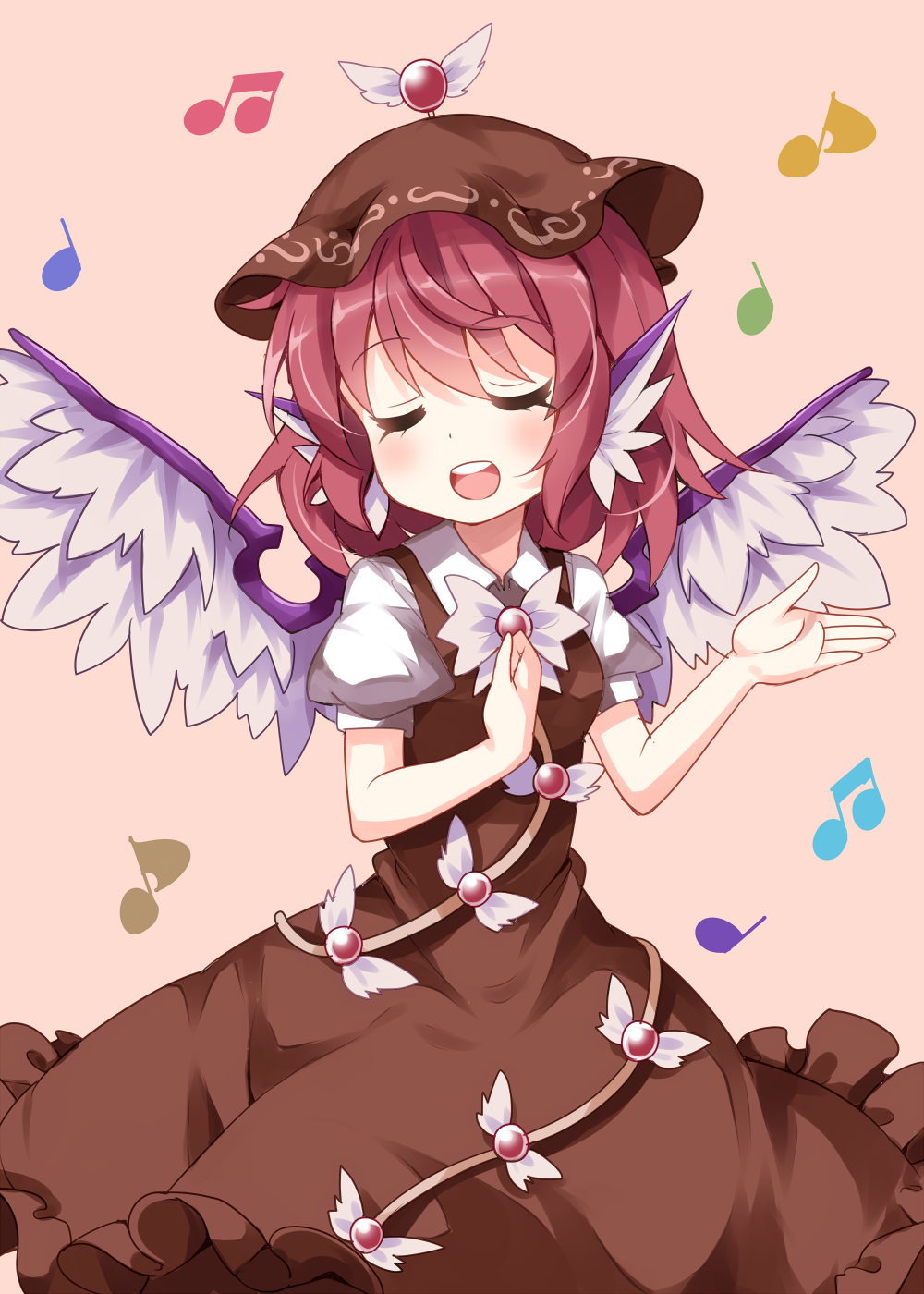 1girl bangs beamed_eighth_notes breasts brooch brown_dress brown_hat closed_eyes commentary_request cowboy_shot dress eighth_note eyebrows_visible_through_hair hair_between_eyes hands_up hat head_wings highres jewelry medium_breasts mob_cap musical_note mystia_lorelei open_mouth pink_eyes puffy_short_sleeves puffy_sleeves ruu_(tksymkw) short_hair short_sleeves simple_background smile solo tan_background touhou wings