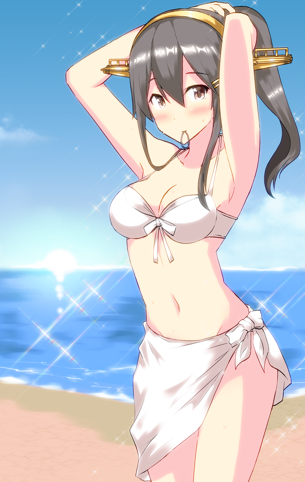 1girl alternate_hairstyle beach bikini black_hair blue_sky blush breasts closed_mouth eyebrows_visible_through_hair hair_between_eyes haruna_(kantai_collection) highres kantai_collection long_hair looking_at_viewer medium_breasts ocean red_eyes sky solo suna_(sunaipu) swimsuit white_bikini