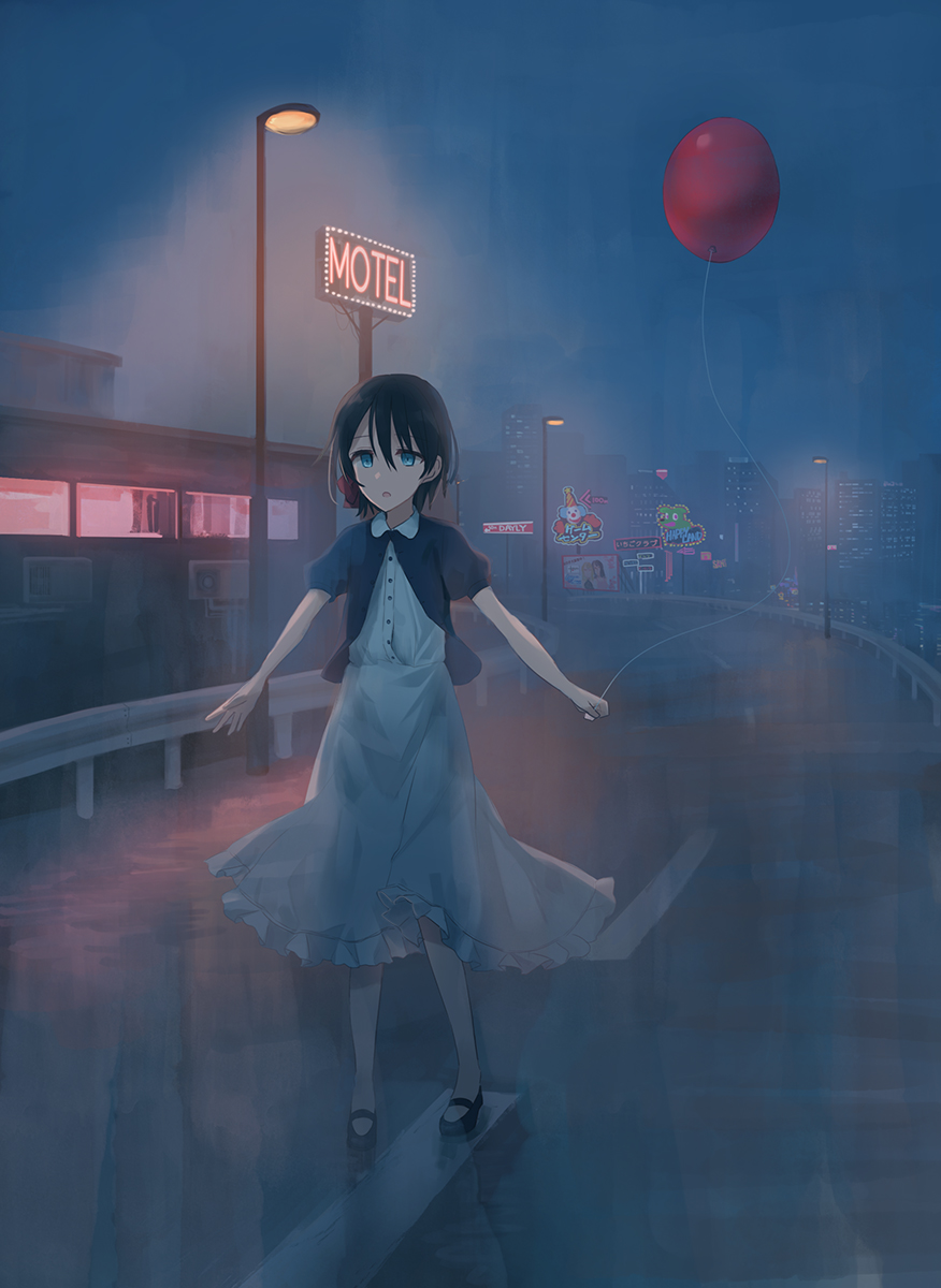 1girl :o balloon bangs black_footwear black_hair blue_eyes blue_shirt bow building chihuri collared_shirt dress eyebrows_visible_through_hair hair_between_eyes hair_bow highres holding holding_balloon lamppost neon_lights night night_sky no_socks original parted_lips puffy_short_sleeves puffy_sleeves red_bow road shirt shoes short_hair short_sleeves sign sky skyscraper solo standing white_dress