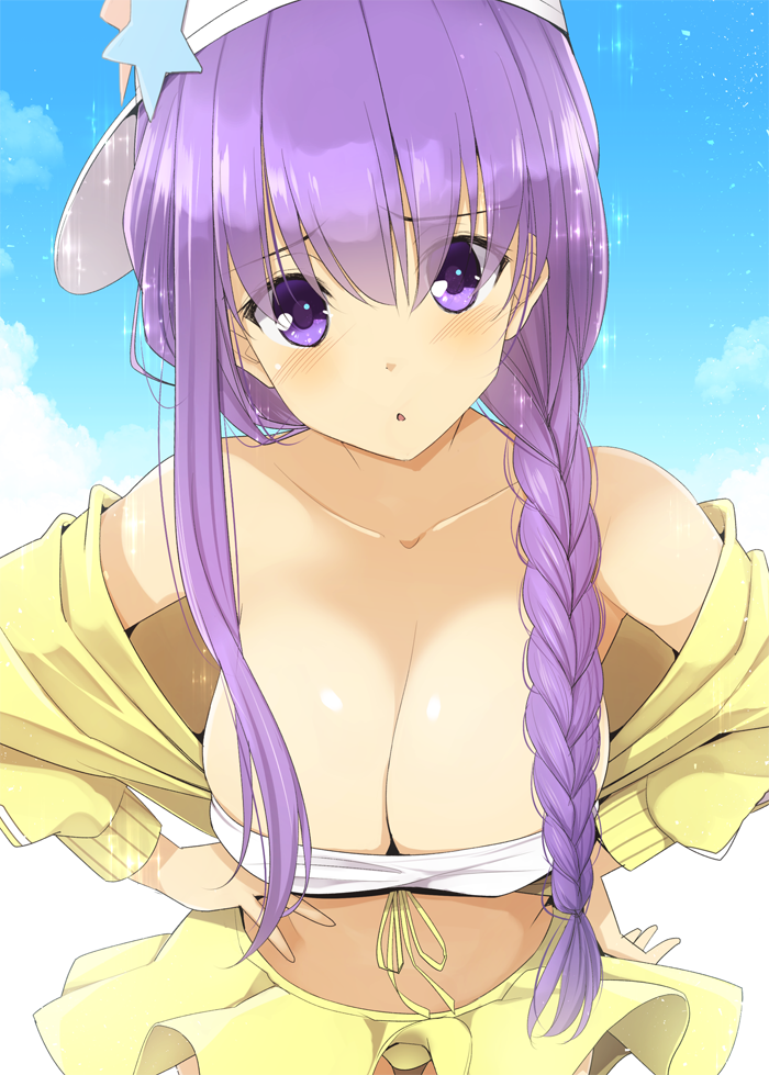 1girl :o bare_shoulders bb_(fate/extra_ccc) bb_(swimsuit_mooncancer)_(fate) bikini braid breasts cleavage eyebrows_visible_through_hair fate/extra fate/extra_ccc fate/grand_order fate_(series) hand_on_hip hanging_breasts hat huge_breasts kurikara lavender_eyes lavender_hair leaning_forward long_hair looking_at_viewer off_shoulder side_braid sky solo swimsuit upper_body very_long_hair white_bikini_top