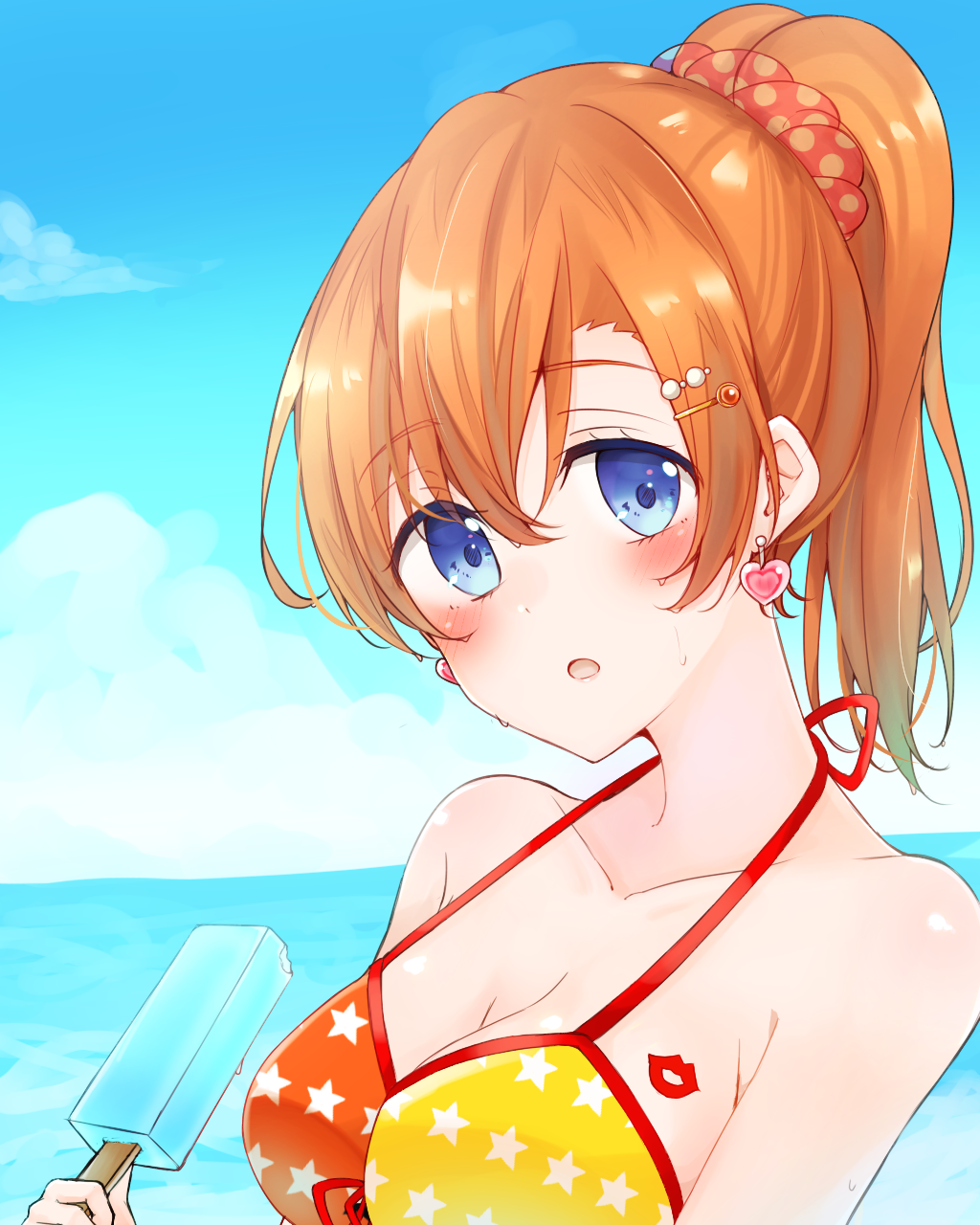 1girl blue_eyes blue_sky blush breasts cleavage collarbone day earrings eyebrows_visible_through_hair food hair_between_eyes heart heart_earrings high_ponytail highres holding holding_food ice_cream jewelry kousaka_honoka looking_at_viewer love_live! love_live!_school_idol_project medium_breasts ocean open_mouth orange_hair outdoors polka_dot polka_dot_scrunchie print_bikini_top red_scrunchie scrunchie shiny shiny_hair sideboob sky solo star star_print upper_body wet zyenokana