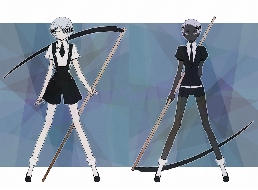 2others androgynous cairngorm_(houseki_no_kuni) gem_uniform_(houseki_no_kuni) ghost_quartz_(houseki_no_kuni) hair_over_one_eye holding holding_weapon houseki_no_kuni looking_to_the_side multiple_others nao_(necomugi) necktie scythe short_hair short_hair_with_long_locks silver_hair suspenders weapon white_hair