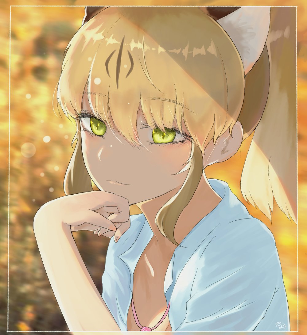 1girl :3 blonde_hair blush brown_hair collared_shirt commentary_request dnsdltkfkd eyebrows_visible_through_hair head_on_hand headshot kemono_friends korean_commentary loose_necktie multicolored_hair necktie photo-referenced puma_(kemono_friends) puma_ears shirt short_hair sidelocks solo yellow_eyes