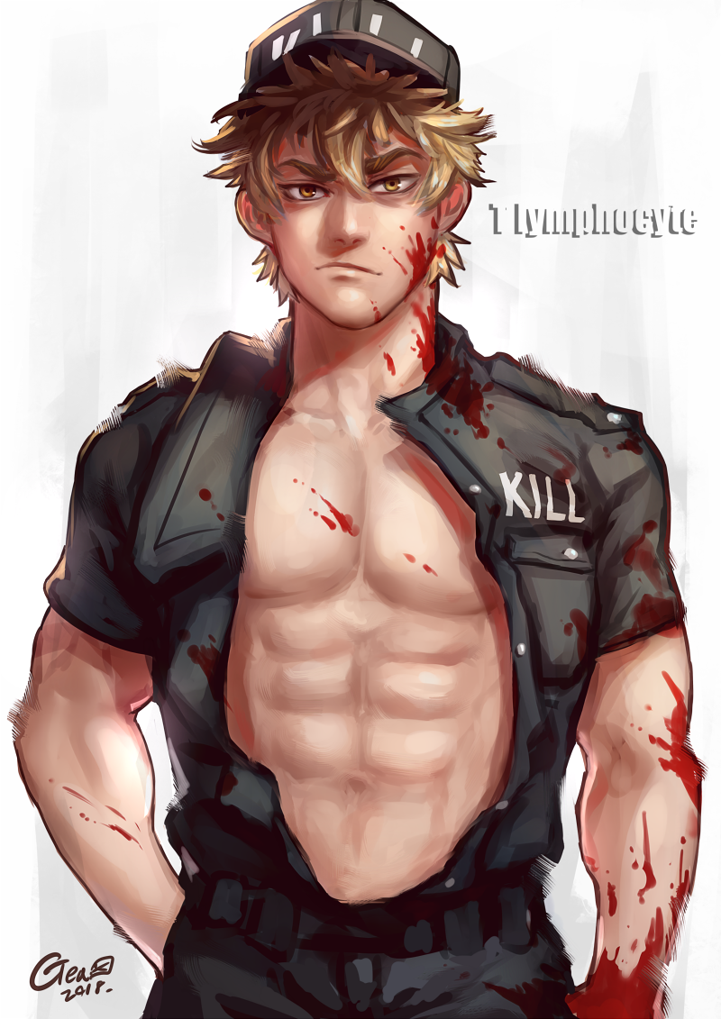 1boy abs baseball_cap blonde_hair blood blood_on_face bloody_clothes closed_mouth hat hataraku_saibou killer_t_(hataraku_saibou) looking_at_viewer lucha_cha male_focus military military_uniform muscle open_clothes open_shirt pectorals short_sleeves solo uniform yellow_eyes