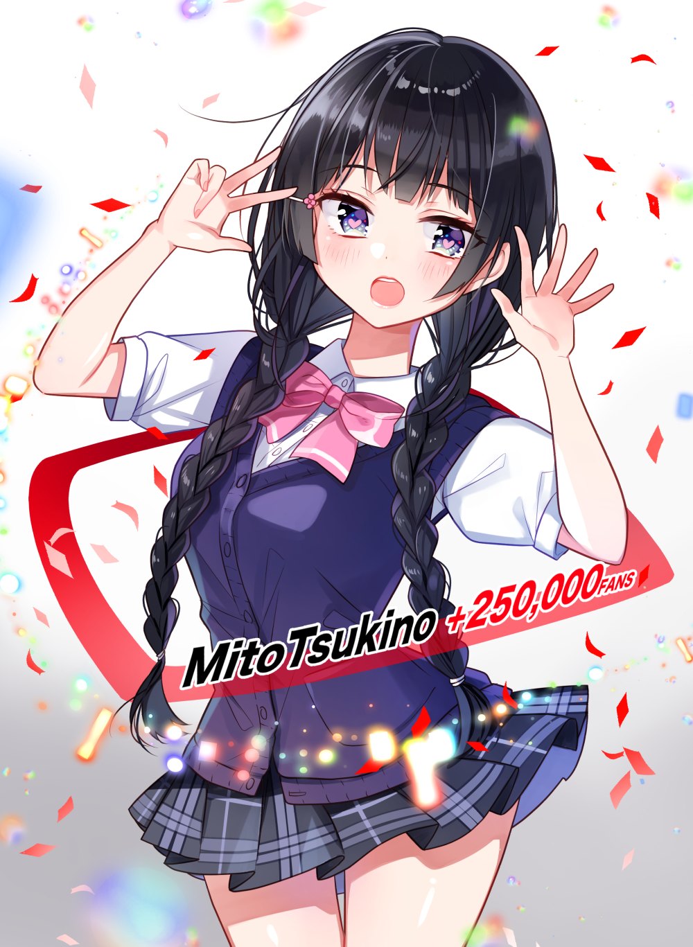 1girl black_hair blue_eyes bow bowtie braid congratulations gradient gradient_background heart heart-shaped_pupils highres nijisanji open_mouth pleated_skirt school_uniform shirt skirt smile sweater_vest symbol-shaped_pupils tagme tsukino_mito twin_braids yukiko_(tesseract)