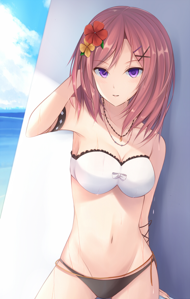 1girl arm_behind_back arm_support armlet bangs black_bikini_bottom bow breasts cleavage clouds collarbone day eyebrows_visible_through_hair flower groin hair_between_eyes hair_flower hair_ornament hand_in_hair highres jewelry kanpyou_(hghgkenfany) long_hair looking_at_viewer love_live! love_live!_school_idol_project medium_breasts navel necklace nishikino_maki ocean open_mouth outdoors red_flower redhead solo standing strapless strapless_bikini swept_bangs violet_eyes wet white_bikini_top white_bow yellow_flower