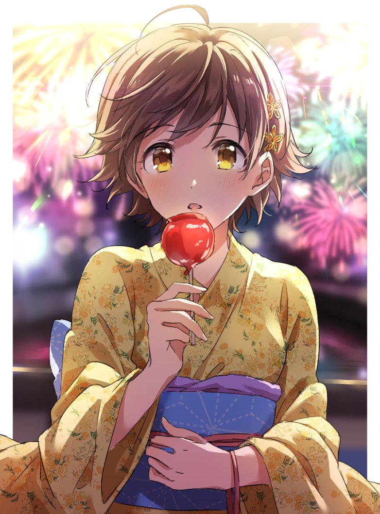 1girl ahoge backlighting bangs blurry blurry_background border brown_hair candy_apple dot_nose eyebrows_visible_through_hair fireworks floral_print flower food hair_flower hair_ornament honda_mio idolmaster idolmaster_cinderella_girls japanese_clothes kimono looking_at_viewer night open_mouth outdoors short_hair solo summer_festival upper_body yellow_eyes yukata zattape