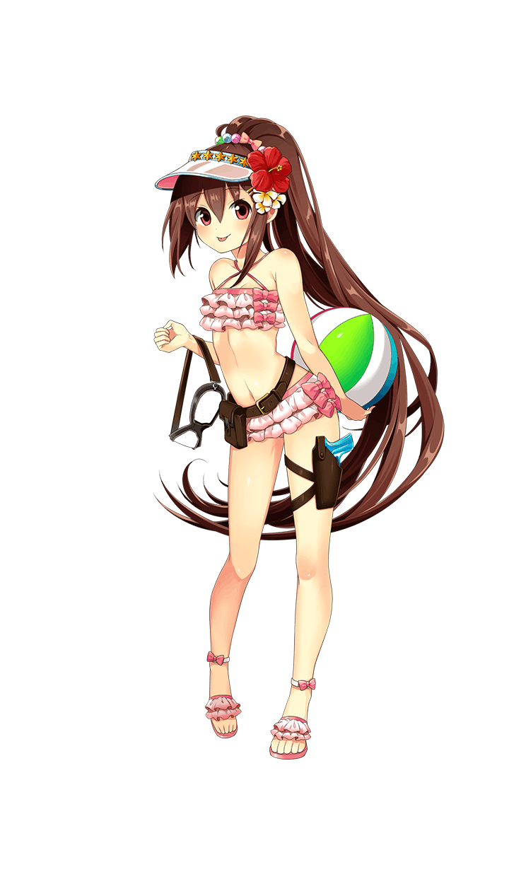 1girl ball beachball beniko_(ymdbnk) bikini brown_hair eyebrows_visible_through_hair flower formation_girls frilled_bikini frills full_body goggles goggles_around_neck hair_between_eyes hair_flower hair_ornament hibiscus highres holster julia_asmolova long_hair looking_at_viewer midriff navel official_art pink_bikini pink_footwear red_eyes sandals solo swimsuit tongue tongue_out transparent_background very_long_hair visor_cap