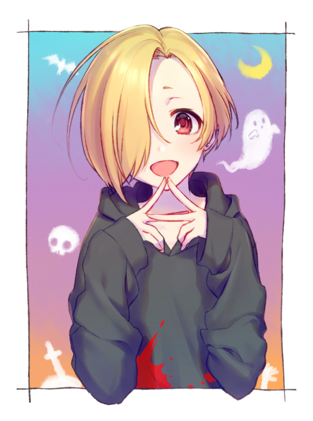 1girl :d bat blonde_hair blood blood_stain blush crescent_moon cross ear_piercing earrings fingers_together ghost hair_over_one_eye hako_(gyhujikolp) highres hood hood_down hoodie idolmaster idolmaster_cinderella_girls jewelry looking_at_viewer moon open_mouth piercing red_eyes shirasaka_koume short_hair skull sleeves_past_wrists smile solo upper_body