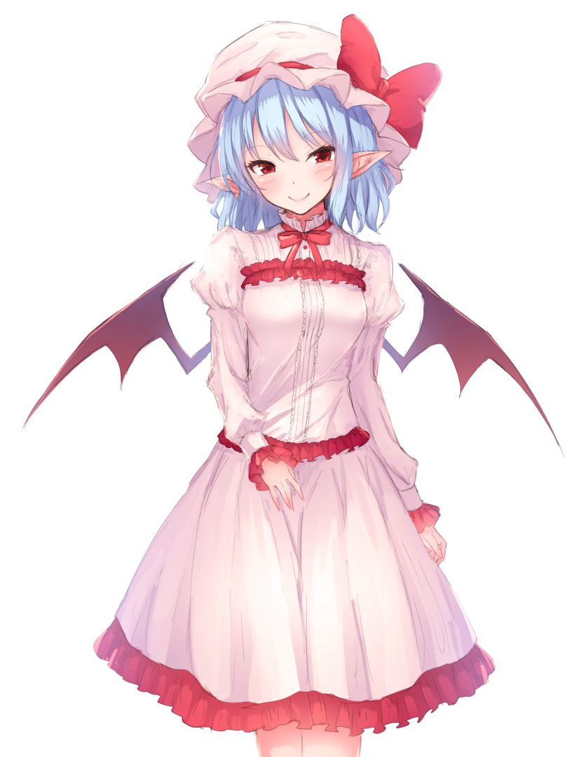 1girl bangs bat_wings blue_hair blush bow breasts center_frills commentary dress eyebrows_visible_through_hair feet_out_of_frame frilled_dress frilled_sleeves frills hair_between_eyes hat hat_bow head_tilt juliet_sleeves junior27016 long_sleeves looking_at_viewer medium_breasts mob_cap neck_ribbon pointy_ears puffy_sleeves red_bow red_eyes red_neckwear red_ribbon remilia_scarlet ribbon short_hair simple_background smile solo standing touhou white_background white_dress white_hat wings