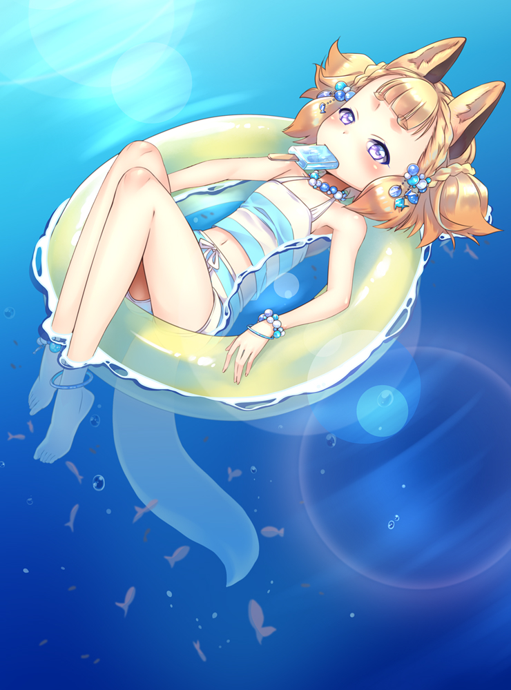 1girl air_bubble animal_ears anklet bangs barefoot blonde_hair blush bracelet braid bubble commentary_request day fish flat_chest food fox_ears fox_girl fox_tail full_body hair_ornament innertube jewelry kawagoe_pochi knees_up lens_flare looking_at_viewer mouth_hold navel necklace original outdoors partially_submerged popsicle short_hair solo swimsuit tail thick_eyebrows violet_eyes water