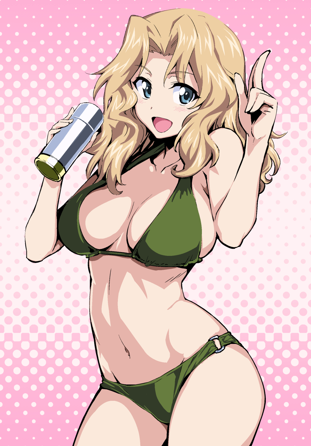 1girl :d bikini blonde_hair blue_eyes blush breasts commentary_request eyebrows_visible_through_hair girls_und_panzer green_bikini highres index_finger_raised kay_(girls_und_panzer) large_breasts looking_at_viewer nakahira_guy navel o-ring o-ring_bikini open_mouth pink_background polka_dot polka_dot_background short_hair smile solo swimsuit