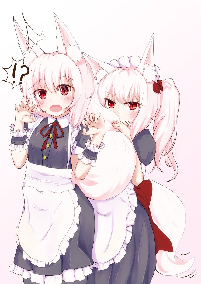 !? 2girls animal_ear_fluff animal_ears apron artist_request covering_face fox_ears fox_tail maid maid_apron maid_dress maid_headdress multiple_girls original red_eyes startled tail tail_grab white_hair