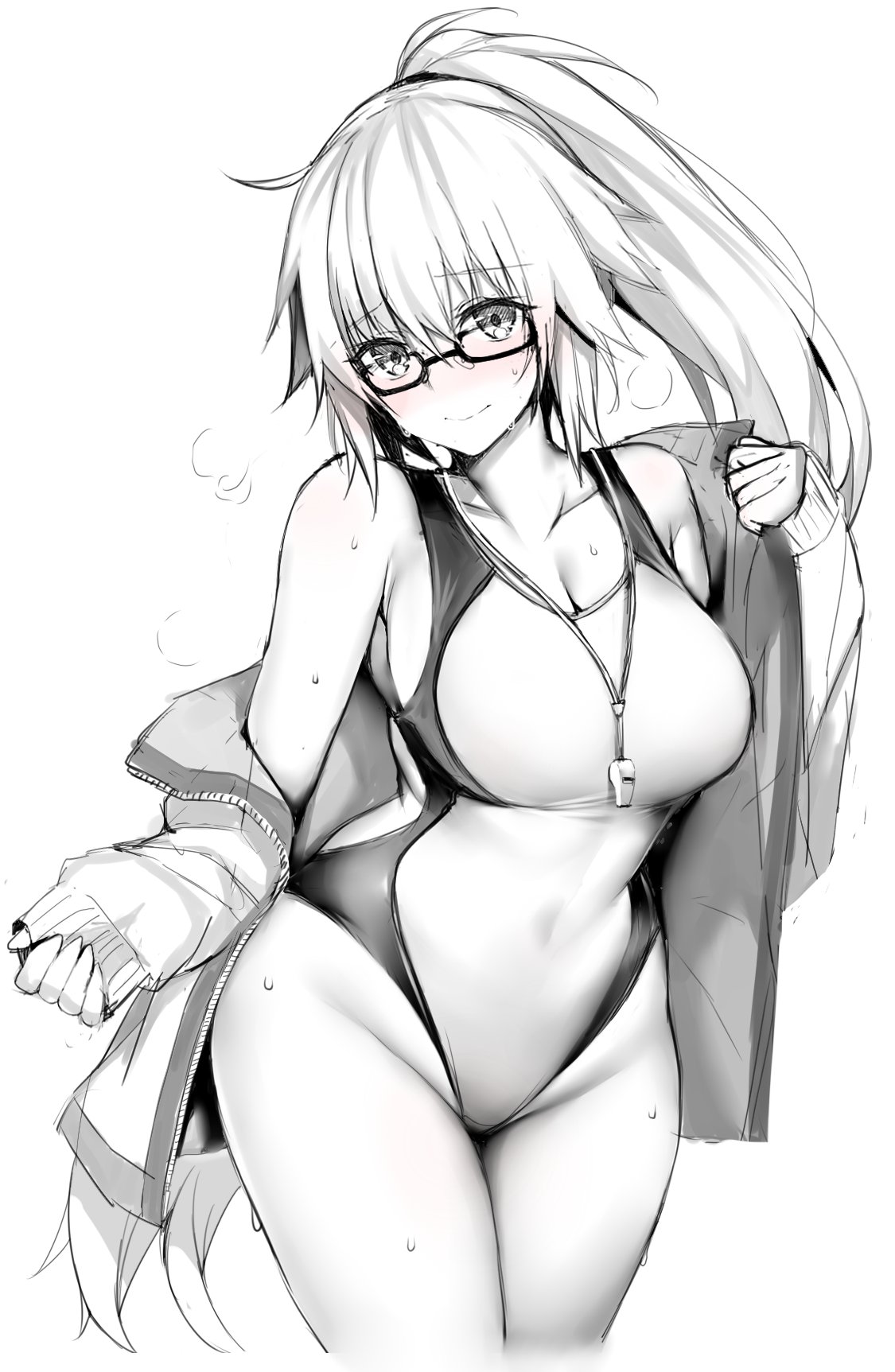 1girl bespectacled blue_gk breasts cleavage cowboy_shot embarrassed fate/apocrypha fate/grand_order fate_(series) glasses greyscale highres jacket jeanne_d'arc_(fate) jeanne_d'arc_(fate)_(all) large_breasts long_hair monochrome open_clothes open_jacket sleeves_past_wrists solo whistle whistle_around_neck