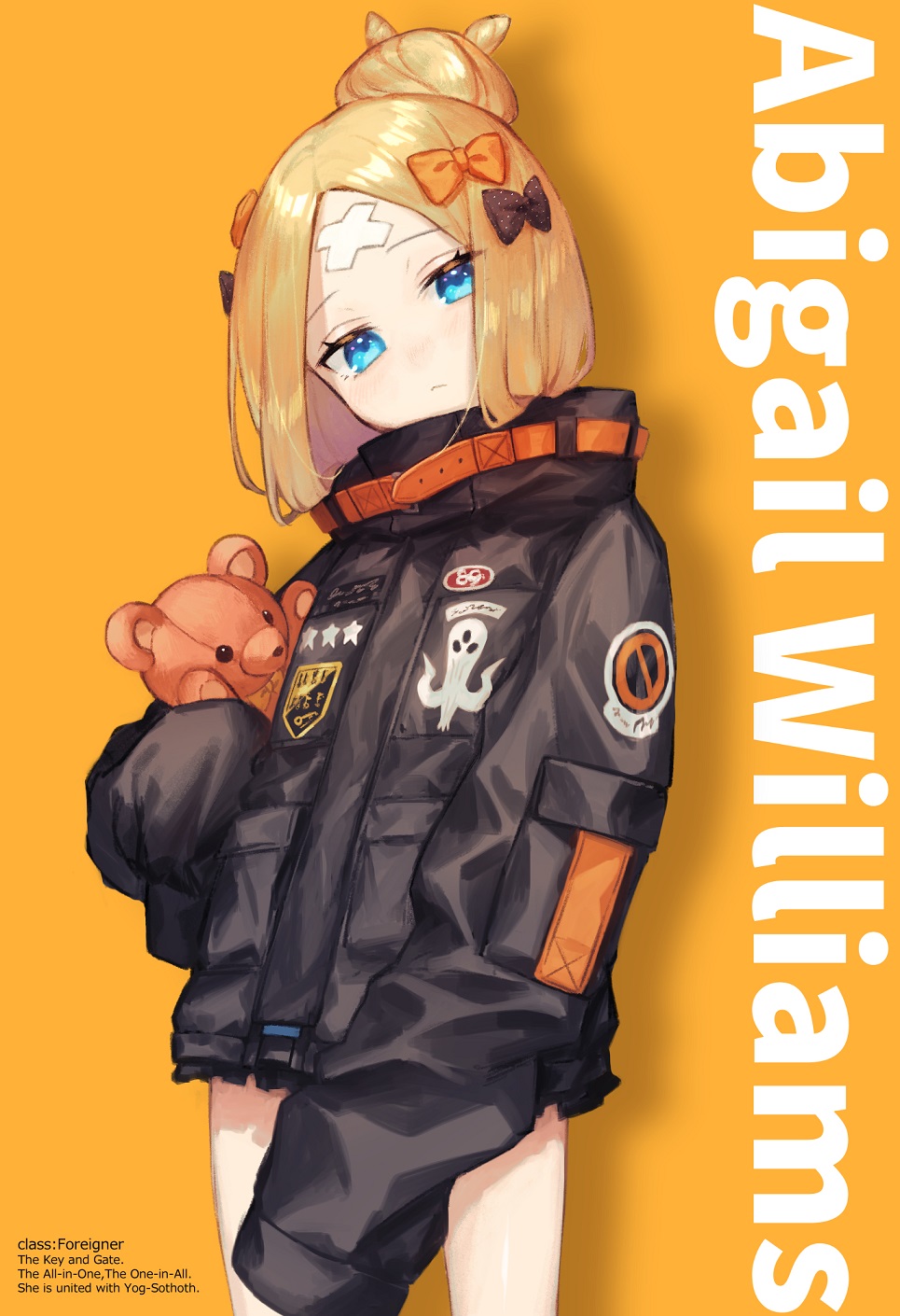 1girl abigail_williams_(fate/grand_order) background_text bangs black_bow black_jacket blonde_hair blue_eyes blush bow character_name closed_mouth commentary_request crossed_bandaids english eyebrows_visible_through_hair fate/grand_order fate_(series) hair_bow hair_bun head_tilt highres jacket key long_hair long_sleeves looking_at_viewer object_hug orange_background orange_bow parted_bangs polka_dot polka_dot_bow simple_background sleeves_past_fingers sleeves_past_wrists solo standing star stuffed_animal stuffed_toy teddy_bear usuke_(u_skeeep)