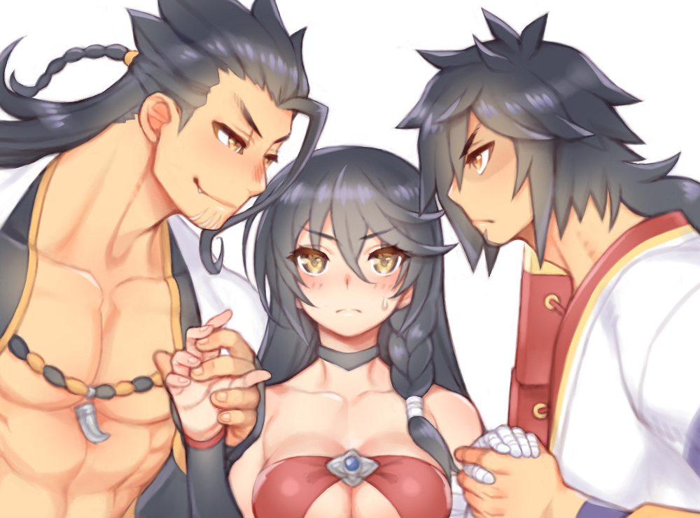 1girl 2boys bandage bangs bare_chest black_hair black_neckwear braid breasts brothers choker cleavage closed_mouth collarbone fang folks_(nabokof) frown hair_strand hand_holding japanese_clothes kimono long_hair looking_at_another looking_at_viewer medium_breasts messy_hair multiple_boys rokurou_rangetsu scar shigure_rangetsu siblings side_braid simple_background smile swept_bangs tales_of_(series) tales_of_berseria upper_body velvet_crowe white_background yellow_eyes