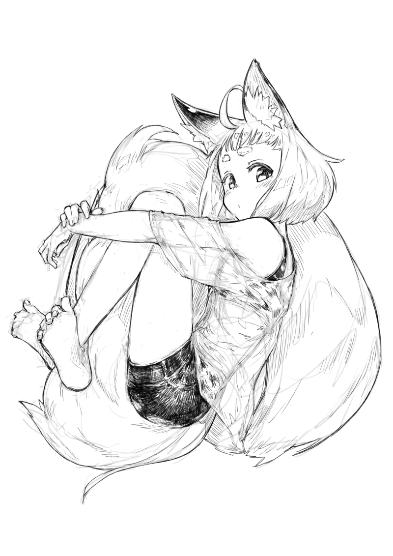 1girl ahoge animal_ears barefoot bike_shorts commentary_request crossed_ankles fox_ears fox_girl_(jaco) fox_tail from_side full_body greyscale jaco leg_hug looking_at_viewer monochrome original see-through shirt short_hair shorts simple_background solo tail tail_hug thick_eyebrows white_background