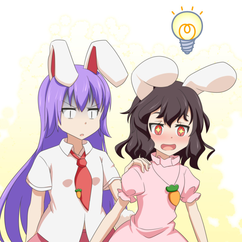 +_+ 2girls :d animal_ears black_hair blush bunny_tail carrot_necklace cato_(monocatienus) commentary_request dress hand_on_another's_shoulder inaba_tewi light_bulb long_hair looking_away multiple_girls necktie open_mouth pink_dress puffy_short_sleeves puffy_sleeves purple_hair rabbit_ears red_eyes red_neckwear reisen_udongein_inaba shirt short_hair short_sleeves simple_background smile tail touhou turn_pale white_shirt