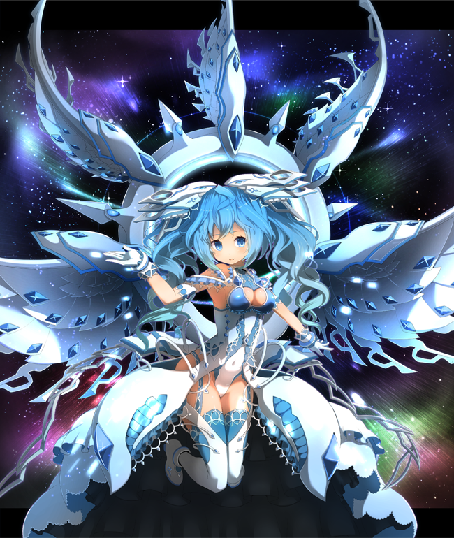 1girl :d aqua_eyes aqua_hair aqua_legwear armpits bangs bare_shoulders blush boots breasts cleavage comiket_90 commentary_request covered_navel crossed_bangs deep-eyes_white_dragon dragon_girl dragon_wings duel_monster full_body garoudo_(kadouhan'i) gloves hand_up headgear high_heel_boots high_heels legs_up leotard letterboxed long_hair looking_at_viewer medium_breasts open_mouth outside_border personification sideboob smile solo thigh-highs thigh_boots very_long_hair white_footwear white_gloves white_leotard white_wings wings yu-gi-oh! yuu-gi-ou yuu-gi-ou_duel_monsters yuu-gi-ou_the_dark_side_of_dimensions