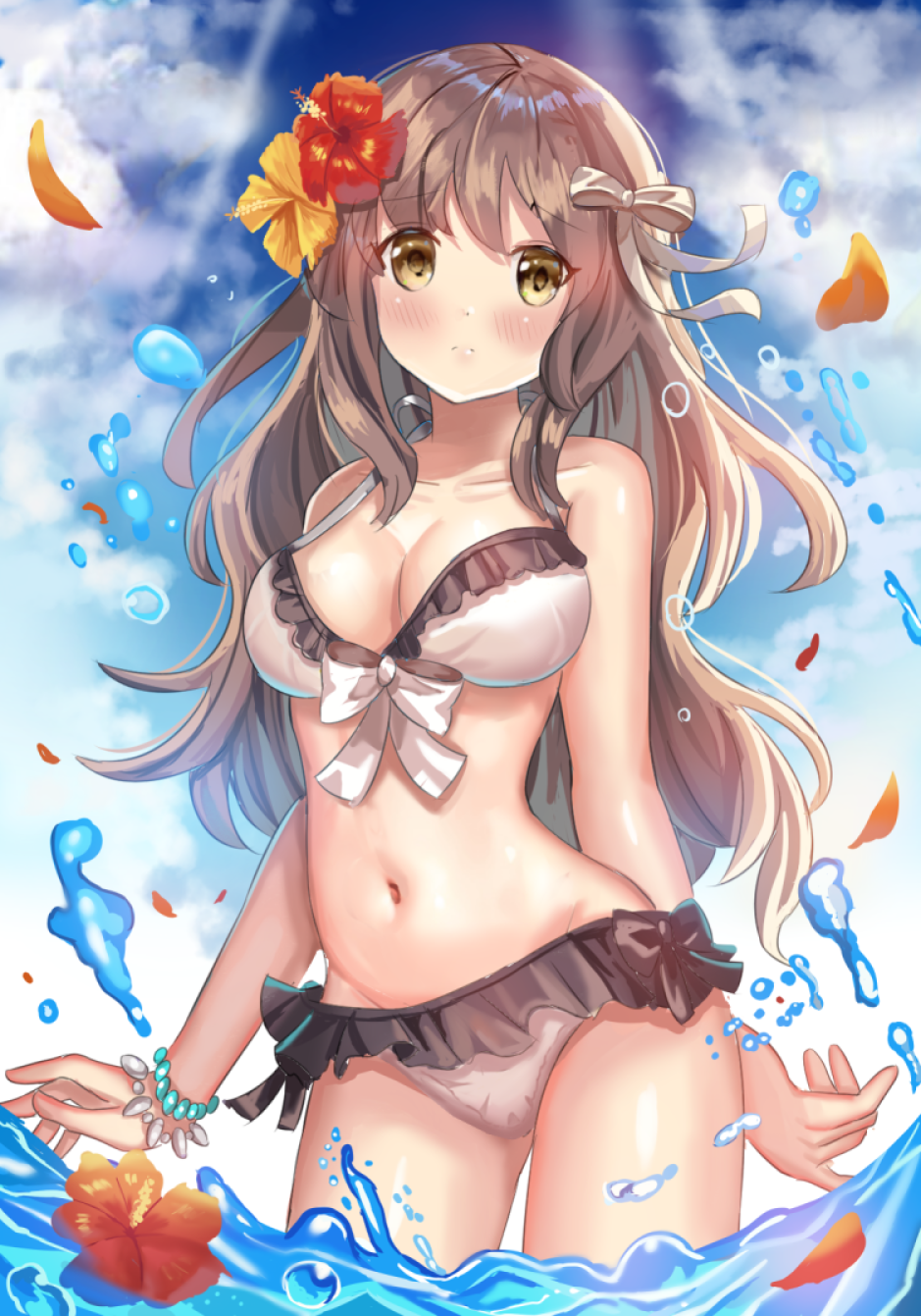 1girl ame_sagari bikini blue_sky breasts brown_eyes brown_hair clouds cowboy_shot flower frilled_bikini frills front-tie_top hair_flower hair_ornament hibiscus highres long_hair medium_breasts original outdoors sky solo splashing swimsuit water white_bikini