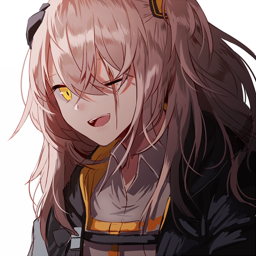 1girl :d armband bangs blush brown_hair collared_shirt crossed_bangs digi-mind_update_(girls_frontline) girls_frontline hair_between_eyes hair_ornament headgear hood hood_down hooded_jakcet jacket long_hair looking_at_viewer lowres one_eye_closed one_side_up open_clothes open_jacket open_mouth scar scar_across_eye shirt silence_girl simple_background smile ump45_(girls_frontline) upper_body upper_teeth white_background white_shirt yellow_eyes
