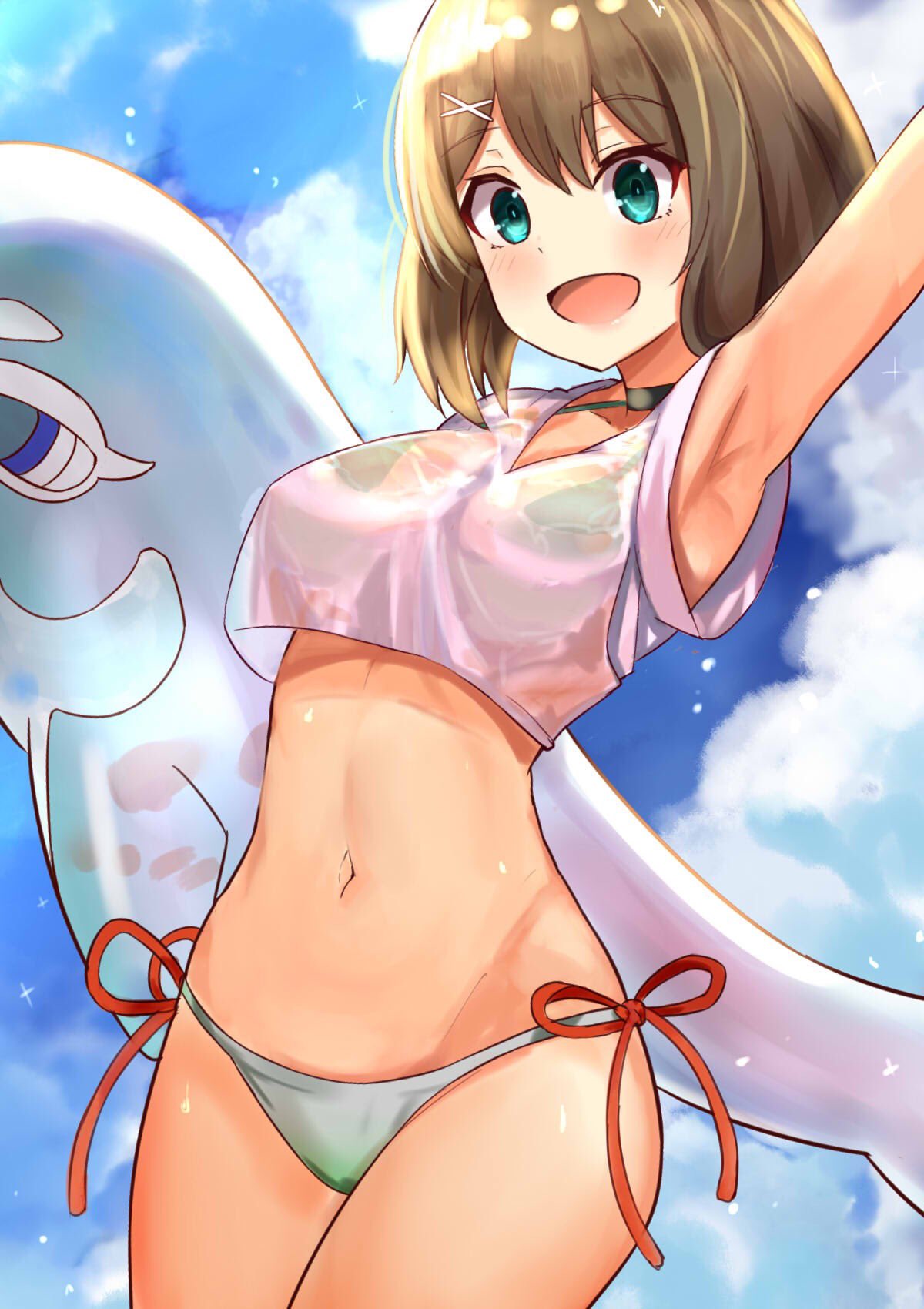 1girl :d arm_up armpits bikini blush brown_hair clouds cloudy_sky commentary cowboy_shot day green_eyes hair_ornament highres inflatable_dolphin inflatable_toy kantai_collection maya_(kantai_collection) navel okitsugu open_mouth shirt side-tie_bikini sky smile solo swimsuit wet wet_clothes wet_shirt x_hair_ornament